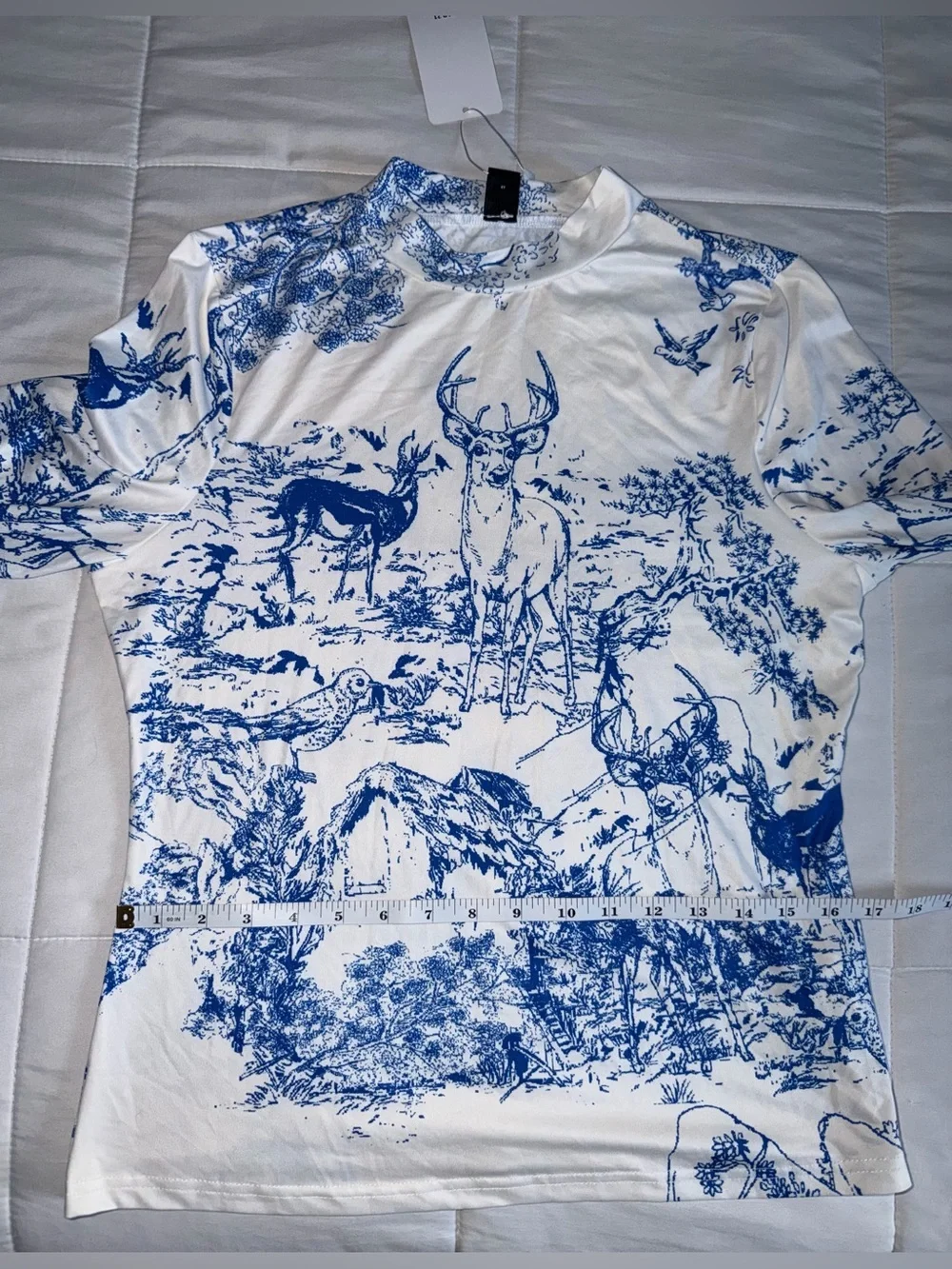 Blue & White Deer Printed Pleated Skirt and Long Sleeve Top Set - XL